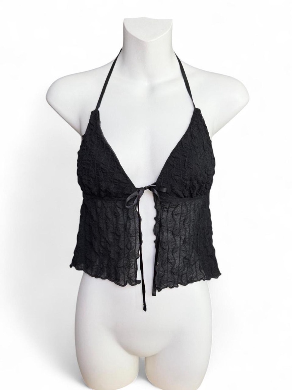 SHEIN Black Crinkle Halter Tie-Front Crop Top